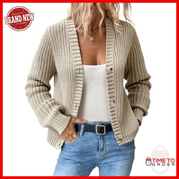 Chunky Knit Cardigan Oversized V-Neck Waffle Texture Sweater - Picture 3 of 7